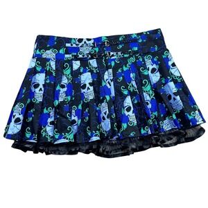 Jawbreaker Skull Rose Print Pleated Mini Skirt Goth Punk Rockabilly Size L
